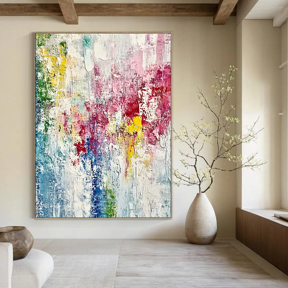 Large abstract painting on textured canvas with vibrant spring colors and thick brush strokes creating an impressionistic feel of growth and vitality.STSC721