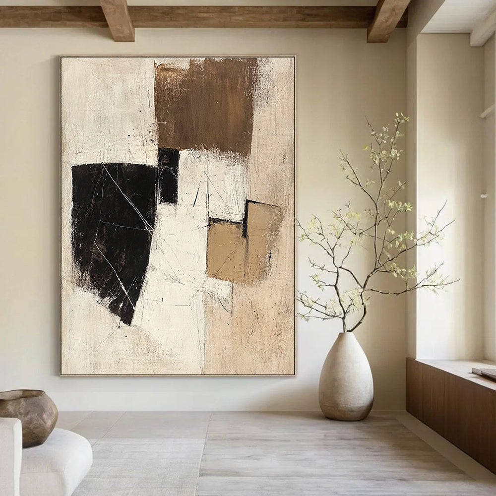 Large abstract painting in beige white and black featuring small brown squares and textured brush strokes evokes calmness and a mysterious spacecraft atmosphere.STSC738