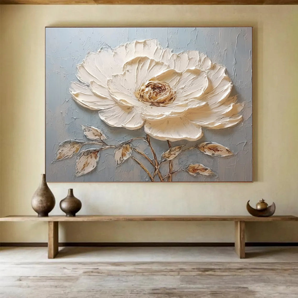 Single White Flower Abstract Painting with White, Brown, and Blue Tones THY175