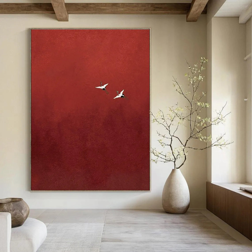 Cranes in Red Sky Abstract Painting with Contrasting Elements ADGE482