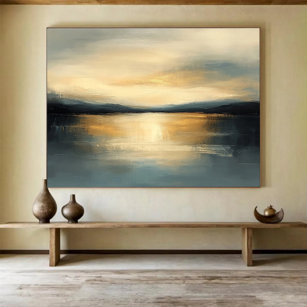 Serene Sunset Landscape Abstract Painting with Golden and Blue Hues DYP224