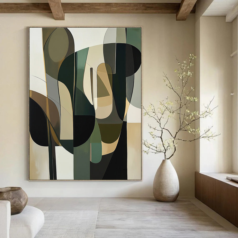 Large abstract painting featuring organic shapes in green beige and white with hints of navy blue and mustard yellow, evoking depth and human-like forms.STSC794