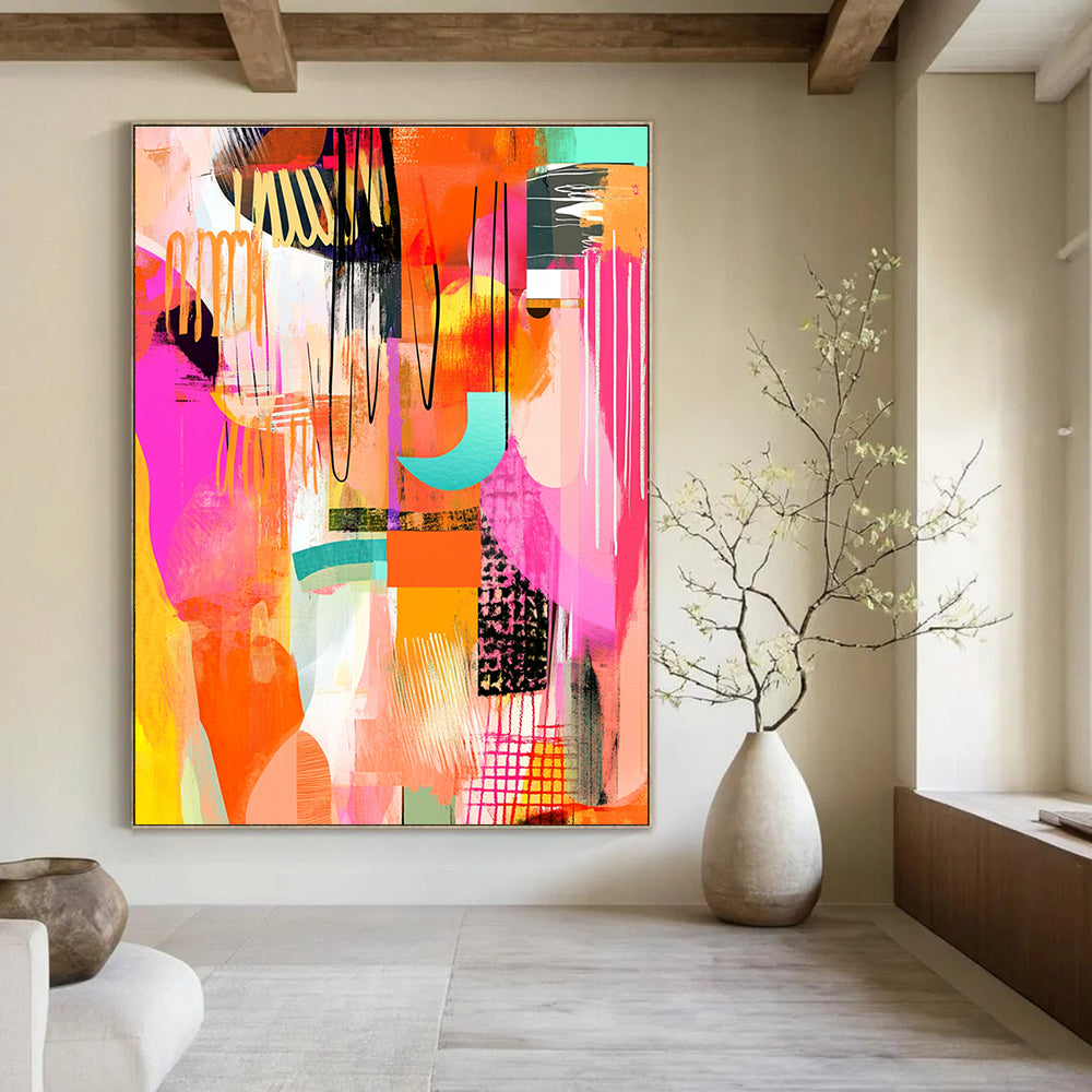 Large abstract art featuring pink orange yellow and white shapes with whimsical patterns bold lines and hand-drawn textures in a vibrant warm color palette.STSC046