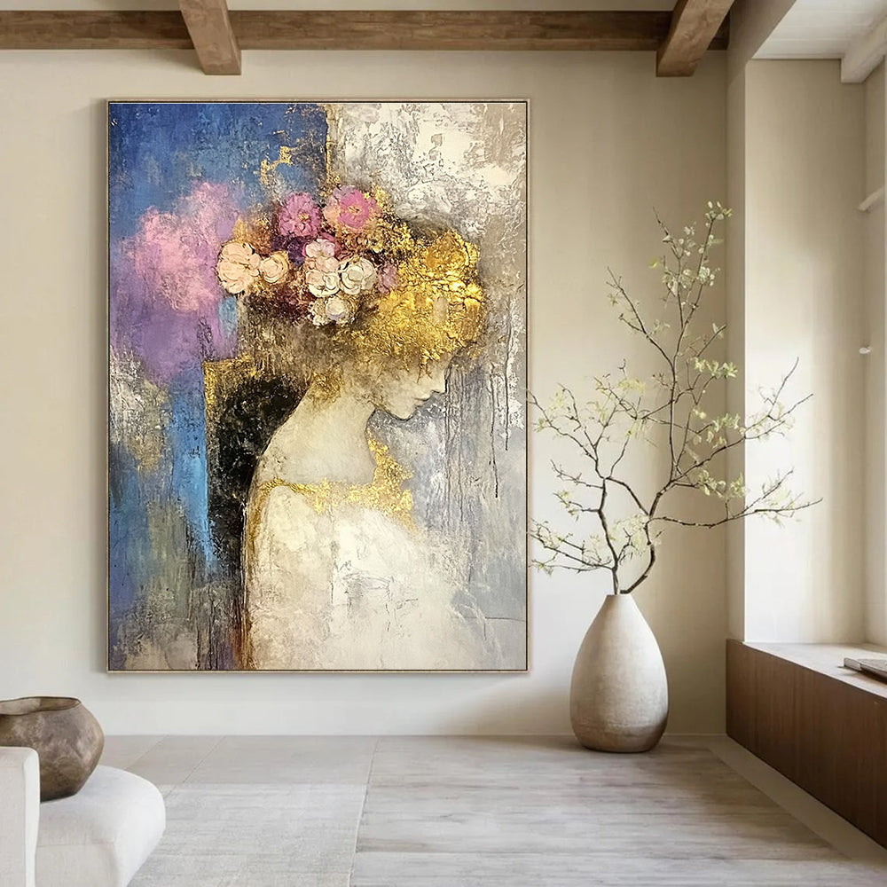 Large abstract oil painting featuring a moon with a golden circle in beige and gold tones with dripping gold leaf on a white background.STSC173
