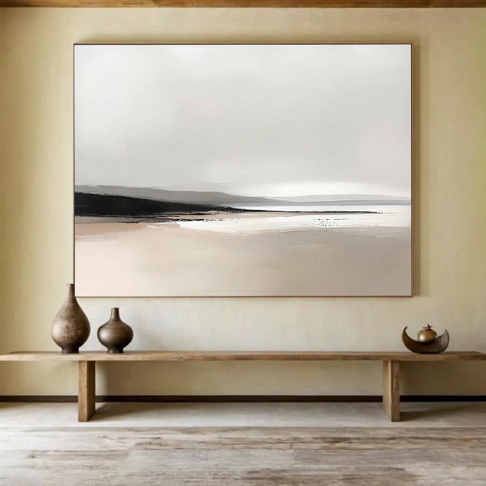 Large abstract oil painting featuring Scottish landscapes in soft greys and beiges with visible brush strokes highlighting a beach horizon.SC092