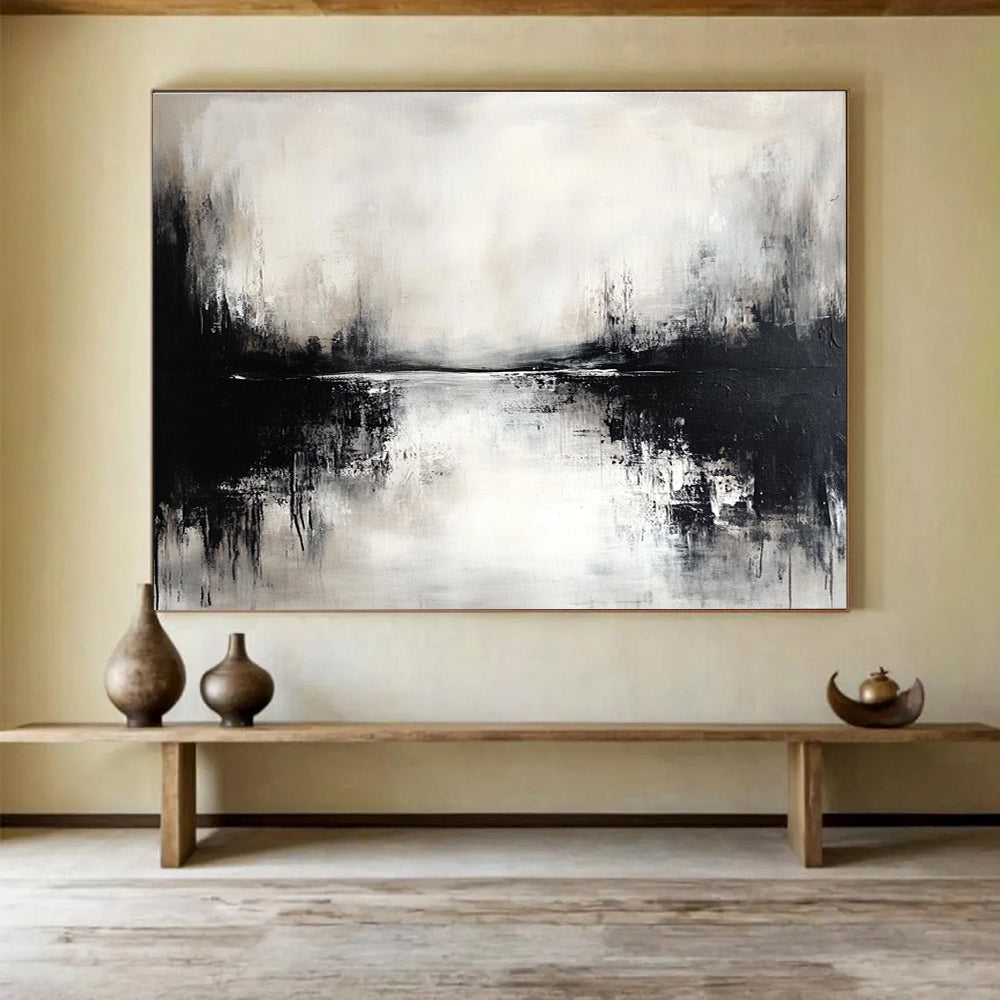 Black and White Lake Abstract Painting with Reflection Effects DYP173