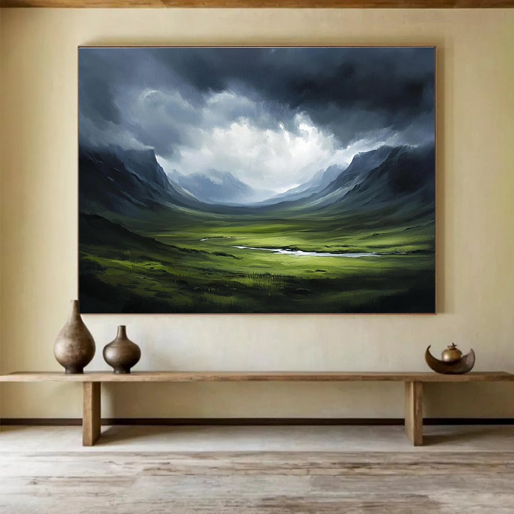 Mountain Valley Storm Dramatic Abstract Painting with Dark and Green Tones DYP604