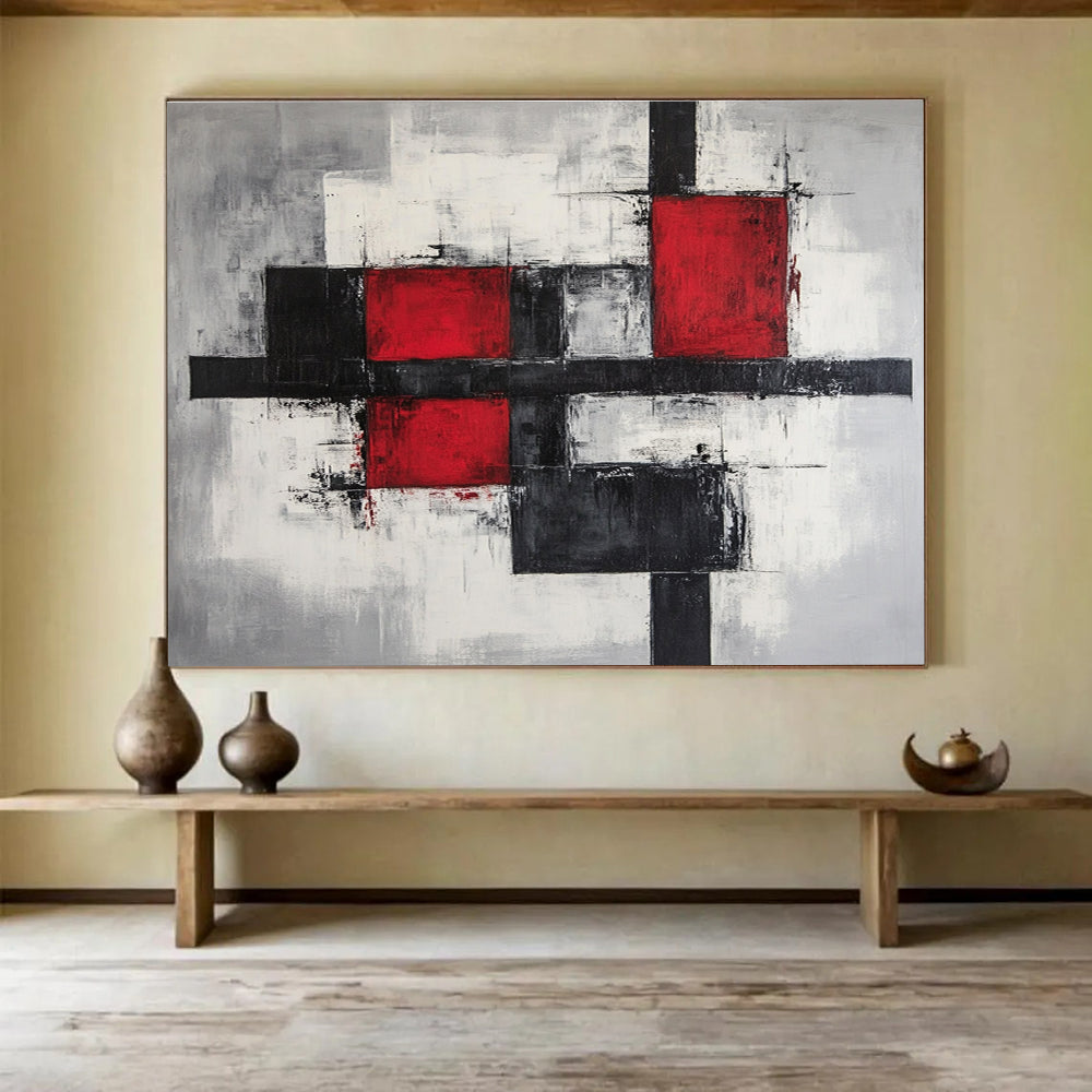 Large abstract painting features gray and red blocks with black lines on a gray background showcasing modern art style in high resolution.SC238