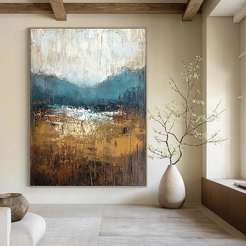 Large abstract painting with textured layers in earthy tones capturing nature's beauty and soft atmospheric lighting on canvas.STSC093