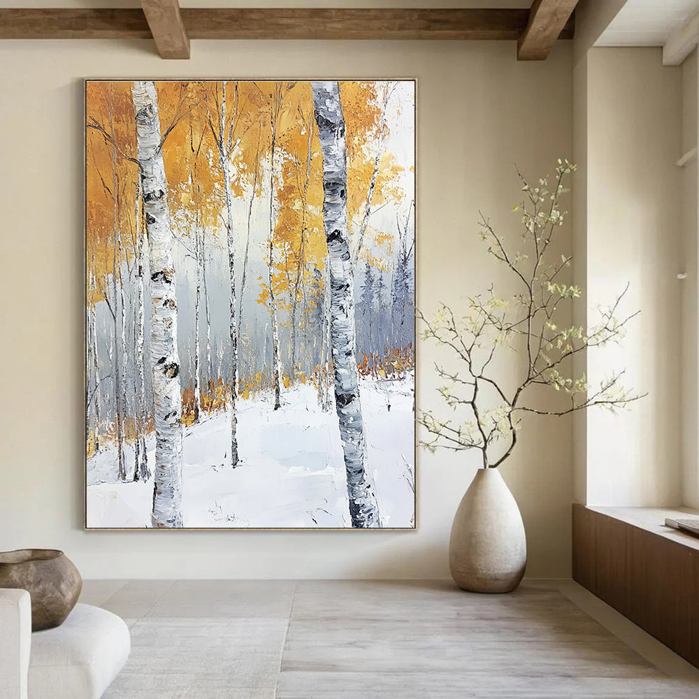 Large abstract painting of birch trees in late autumn with golden leaves against a cool gray background showcasing serene and powerful contrasts.STSC1123