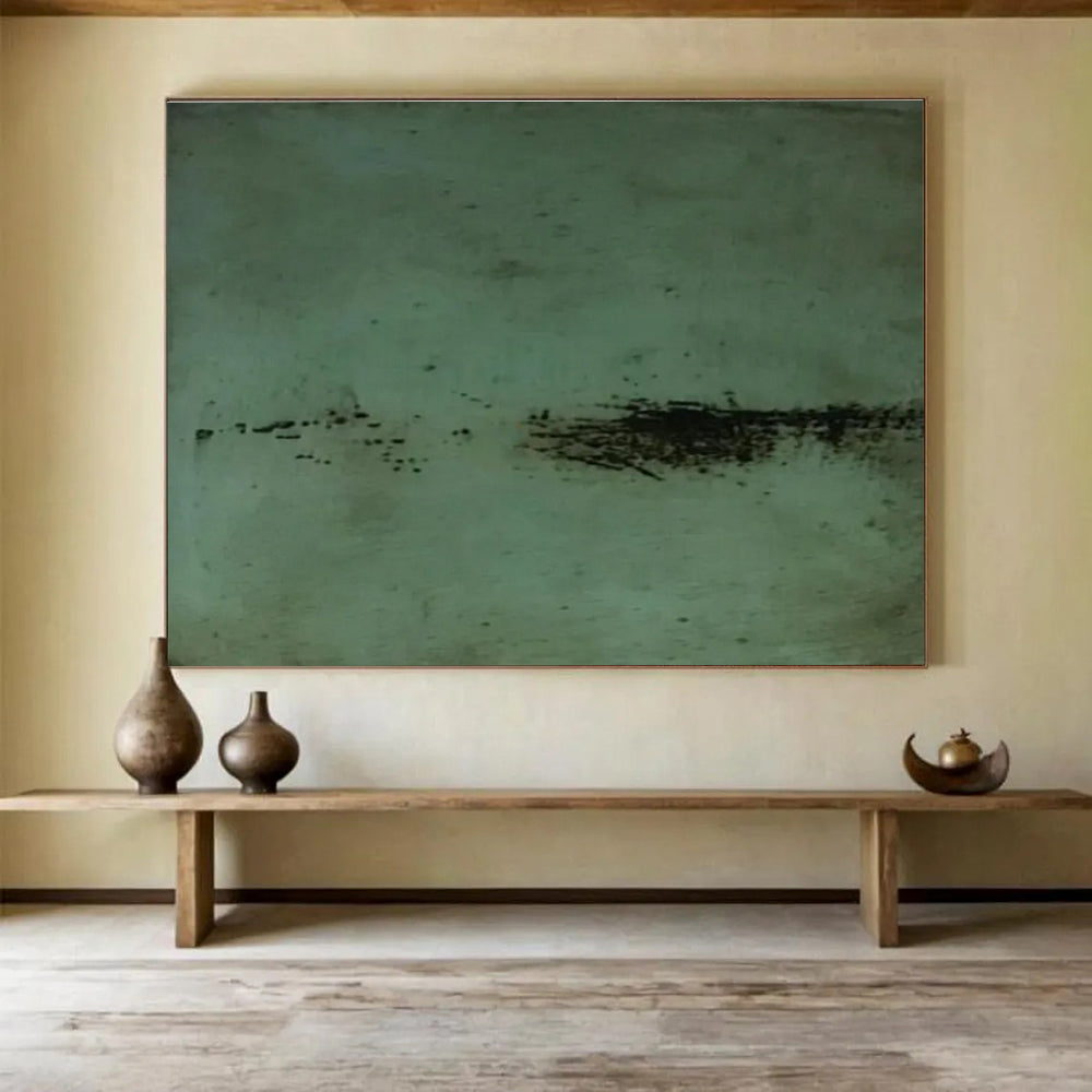Green Textured Abstract Painting with Minimalist, Organic Feel THY395