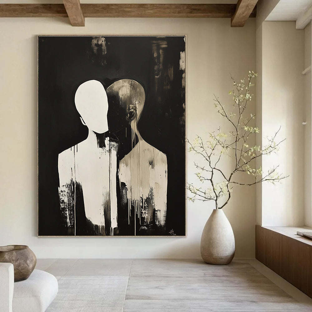 Abstract painting featuring a faceless figure in a dark backdrop with another figure resting their head on their shoulder, complemented by splashes of color.STSC1449