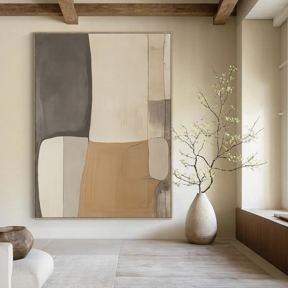 Large abstract artwork in shades of gray beige and white featuring minimalist design in a style reminiscent of Pablo Picasso.STSC478