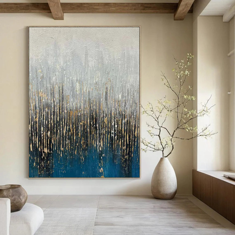 Blue, Gray, and Gold Textured Abstract Painting with Vertical Elements ADGE406