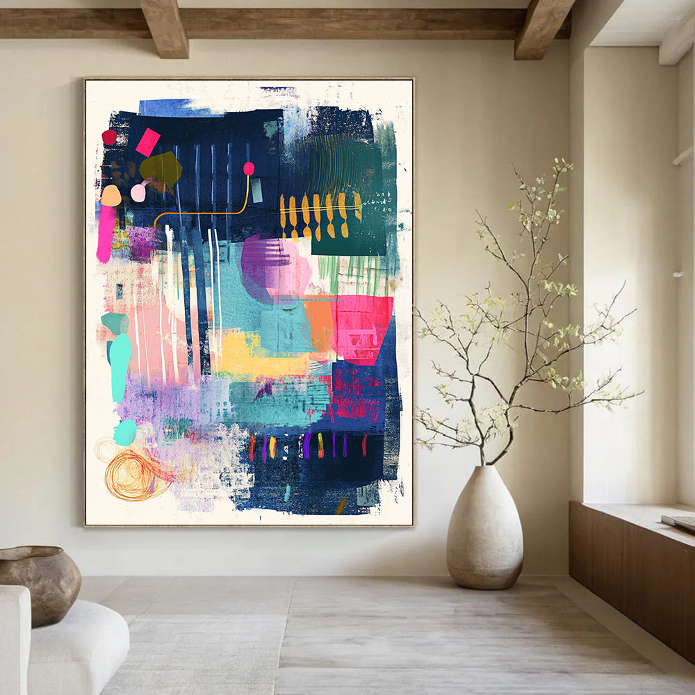 A large abstract artwork featuring musical notes and vibrant colors with oversized keys creating motion and playful typography in a harmonious design.STSC967
