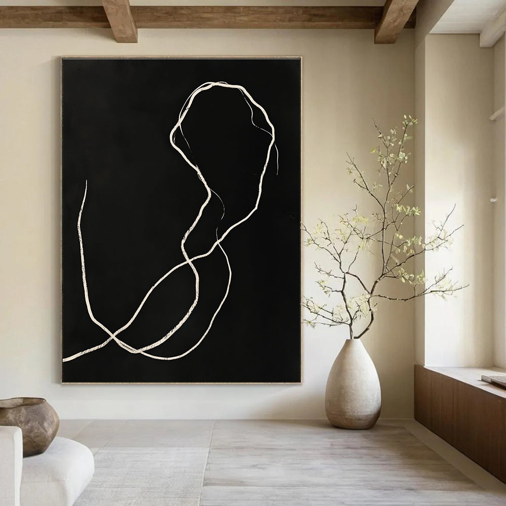 A large abstract drawing featuring white lines on a black background with elegant curves and delicate ink washes inspired by dark art style.STSC1189