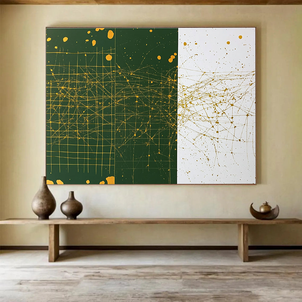 An abstract painting featuring a grid pattern in white and green with yellow splashes gold ink and dark green designs with brown dots.SC471