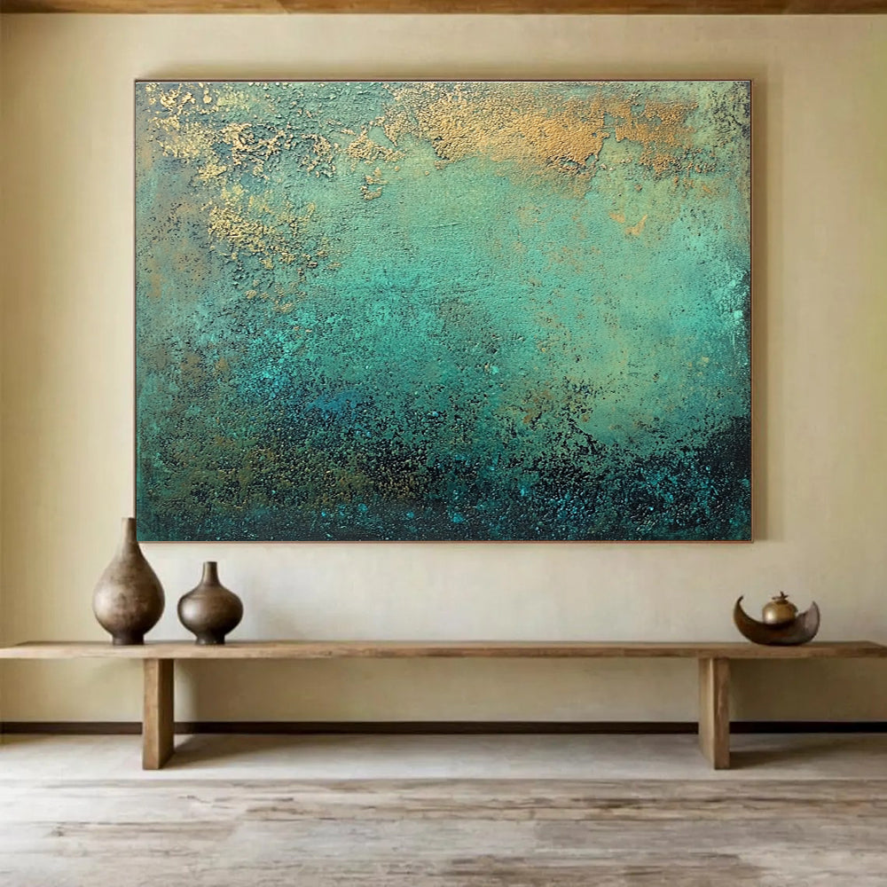 Green and Gold Textured Abstract Painting with Earthy Tones DYP590