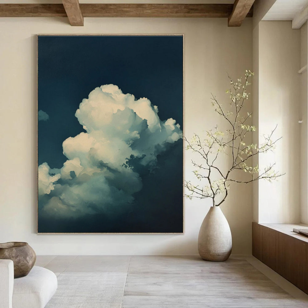 White Clouds Dark Blue Sky Abstract Painting ADGE020