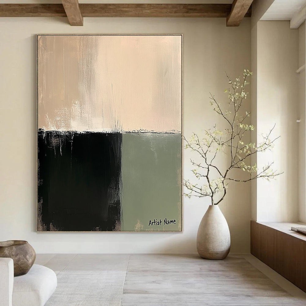 Large abstract painting in sage green and beige with soft brushstrokes creating a tranquil minimalist composition on linen.STSC1071
