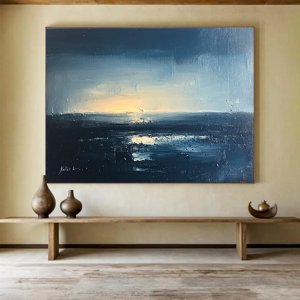 Large abstract landscape oil painting of a night sea with blue gray and black hues featuring soft light and detailed brushstrokes.SC068