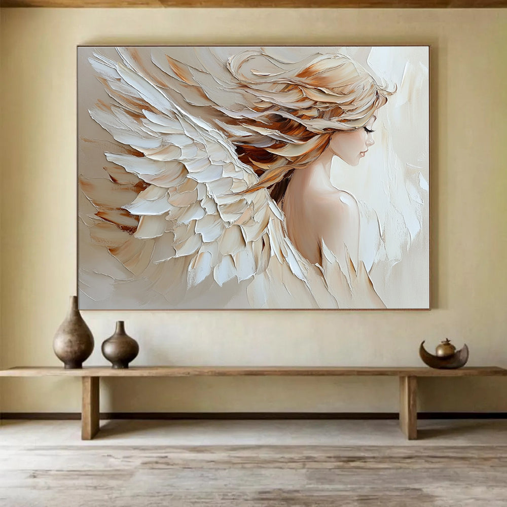 Large abstract oil painting of an angel with palette knife texture in beige and white colors featuring flowing hair on canvas.SC105
