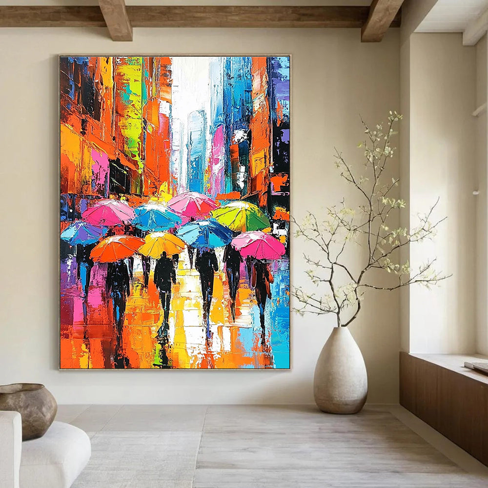 Large abstract painting depicting vibrant city streets with people under colorful umbrellas and skyscrapers emphasizing expressive faces and dynamic brushstrokes.STSC849