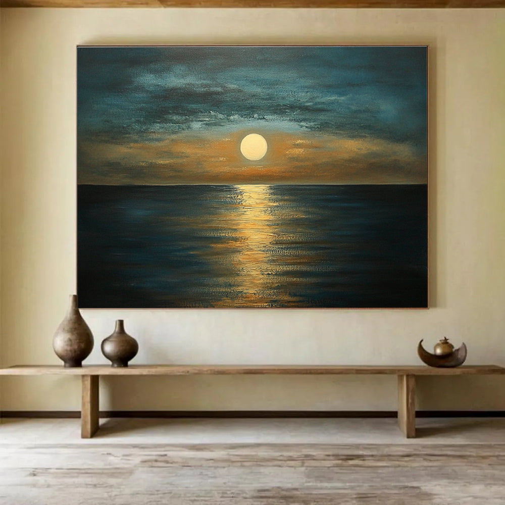 A large abstract painting depicting a serene sea at dusk with muted tones of blue brown and gold capturing tranquility and harmony in nature.SC413