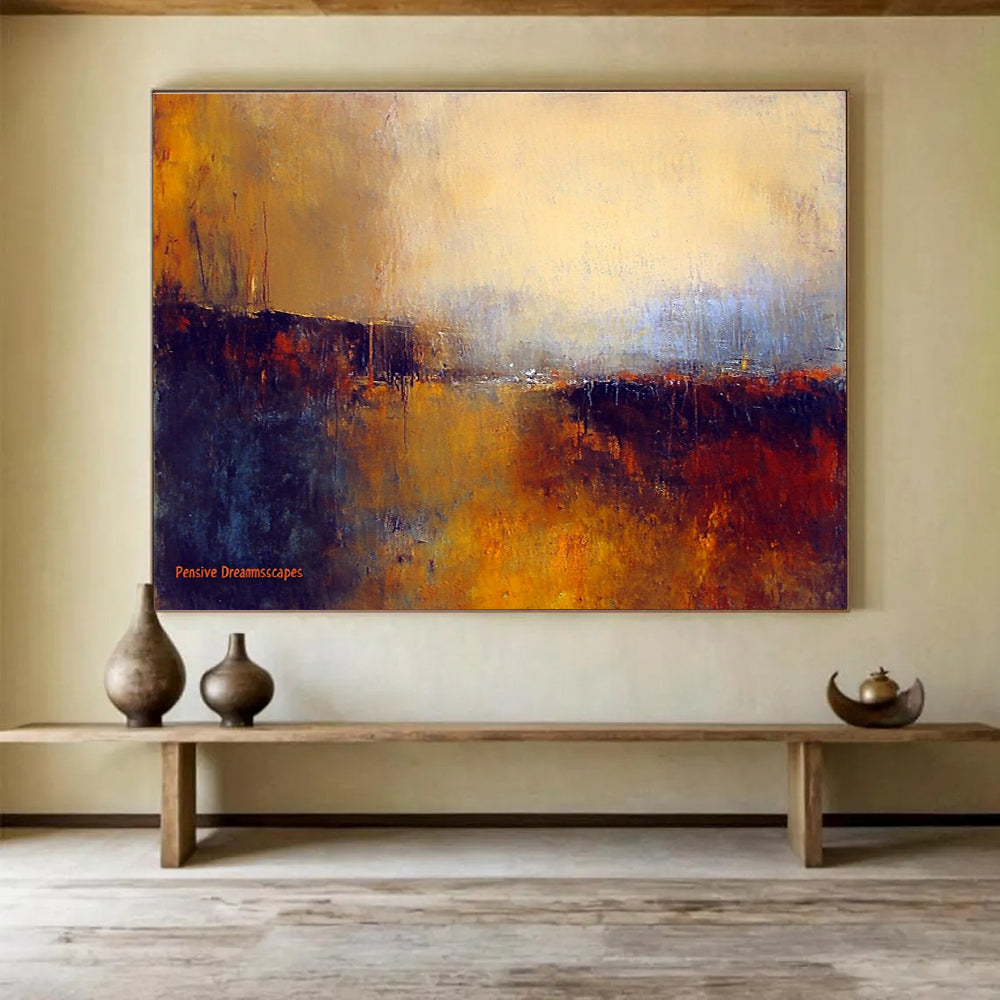 Large abstract painting titled Pensive Dreamscapes featuring blurred landscapes in dark brown and light orange with impressionistic aquarelle style.SC338