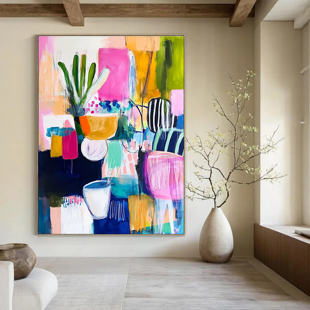 Large abstract painting with vibrant colors and bold brush strokes reflecting joyous celebration and energetic vibes in a dynamic composition.STSC1223