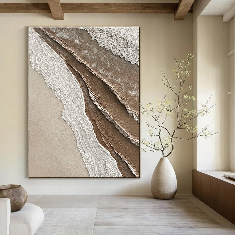 Abstract painting capturing textures where sand meets water in soft shades of brown beige white and grey ideal for enhancing any space.STSC951