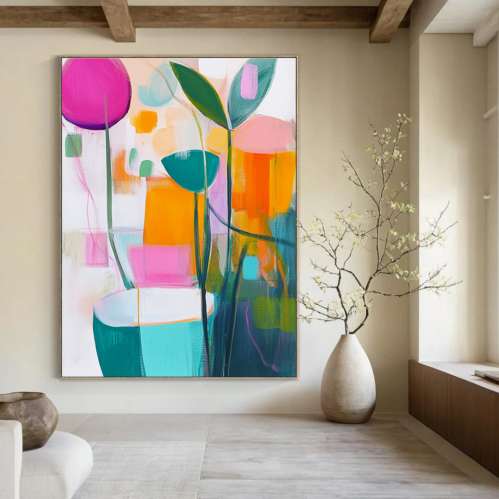 A large abstract painting featuring vibrant pastels of pink green yellow and orange on a white background that captures the essence of springtime.STSC1180