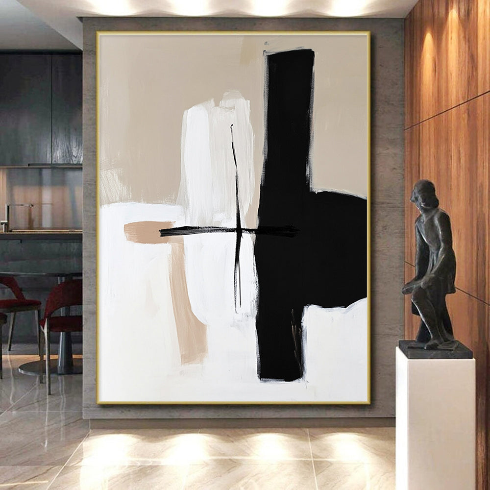 Beige Black and White Abstract Painting with Simple Compositions GER668