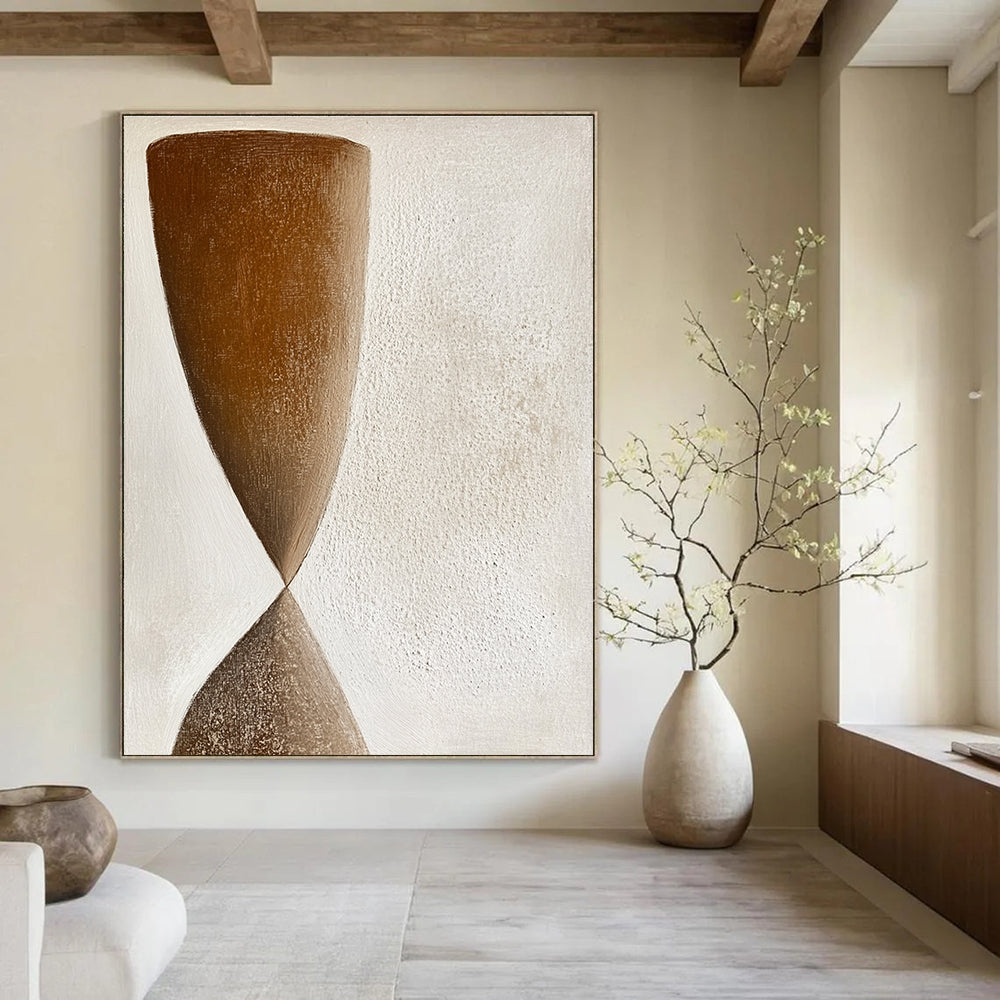 Large abstract painting featuring muted earthy tones and simple hourglass shapes in a minimalist style with soft textured brushstrokes.STSC1239