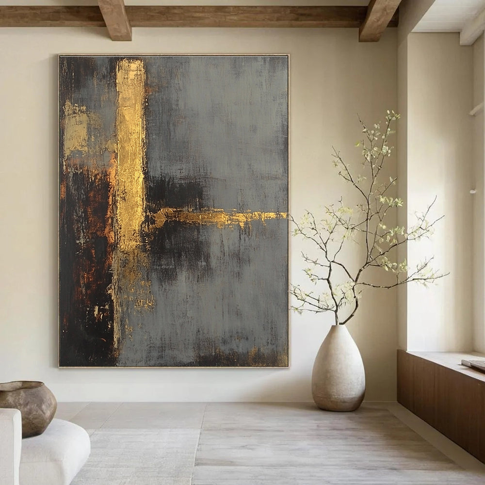 Large abstract painting in gray and gold tones with a textured background and a hint of a tower evoking mystery and calmness.STSC418