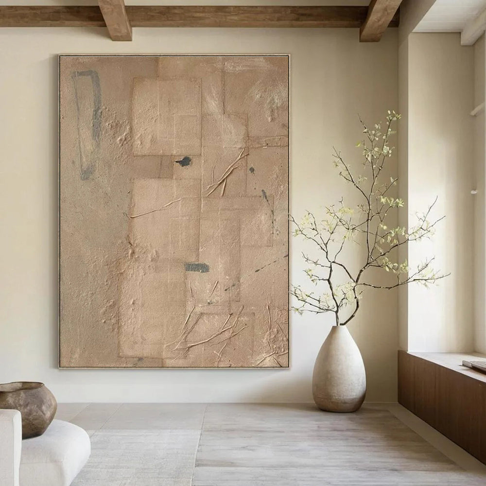 Beige Geometric Abstract Painting with Added Elements ADGE336
