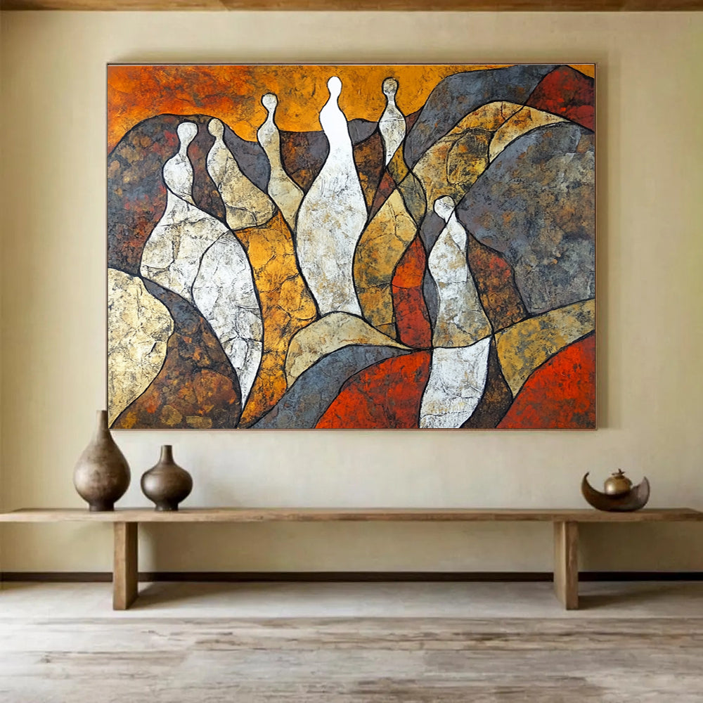 Abstract painting featuring women's bodies as rocks in earthy tones with a lone woman in white symbolizing resilience and growth amidst challenges.SC521