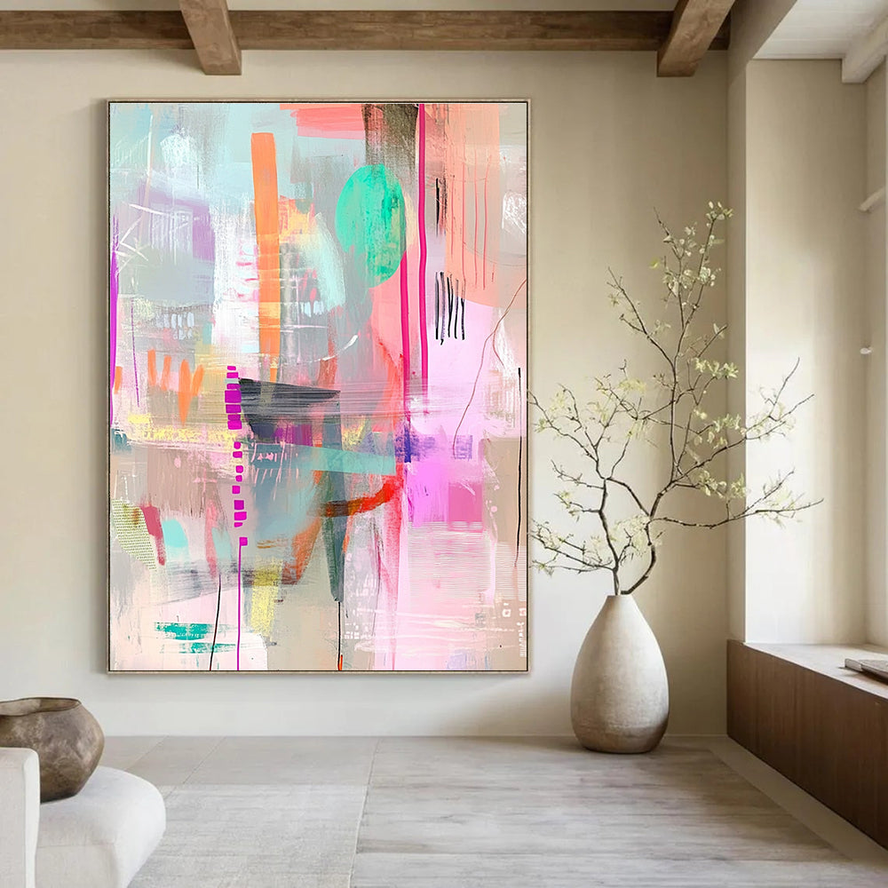 A large abstract painting with pastel colors and textures creating depth and motion featuring soft edges and whimsical patterns in pink green blue and brown.STSC1022