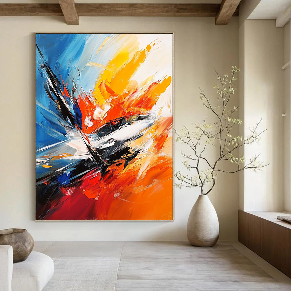 Large abstract painting featuring the F-20 fighter jet in a vibrant action scene with chaotic brush strokes and dynamic colors.STSC703