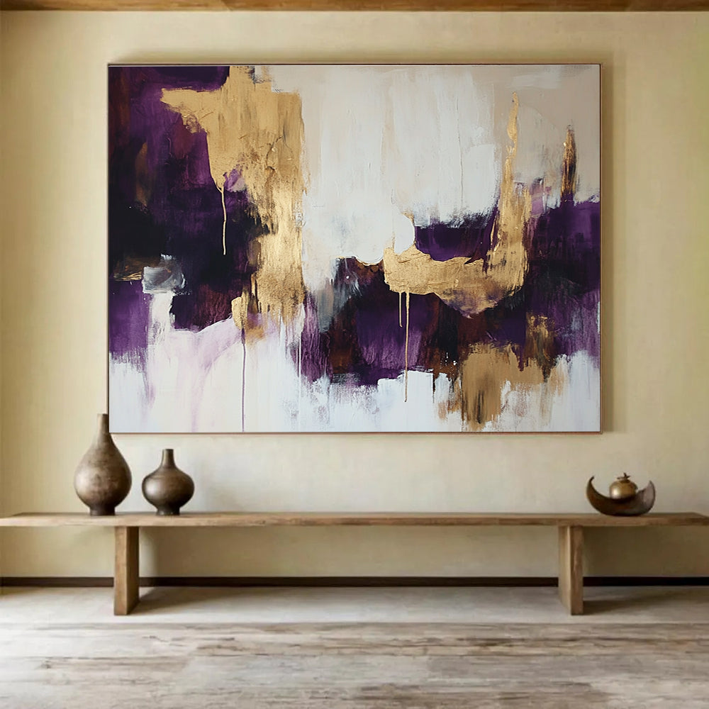 Large abstract painting in white and purple with gold hints soft edges dark tones creating an atmospheric vibe.SC212