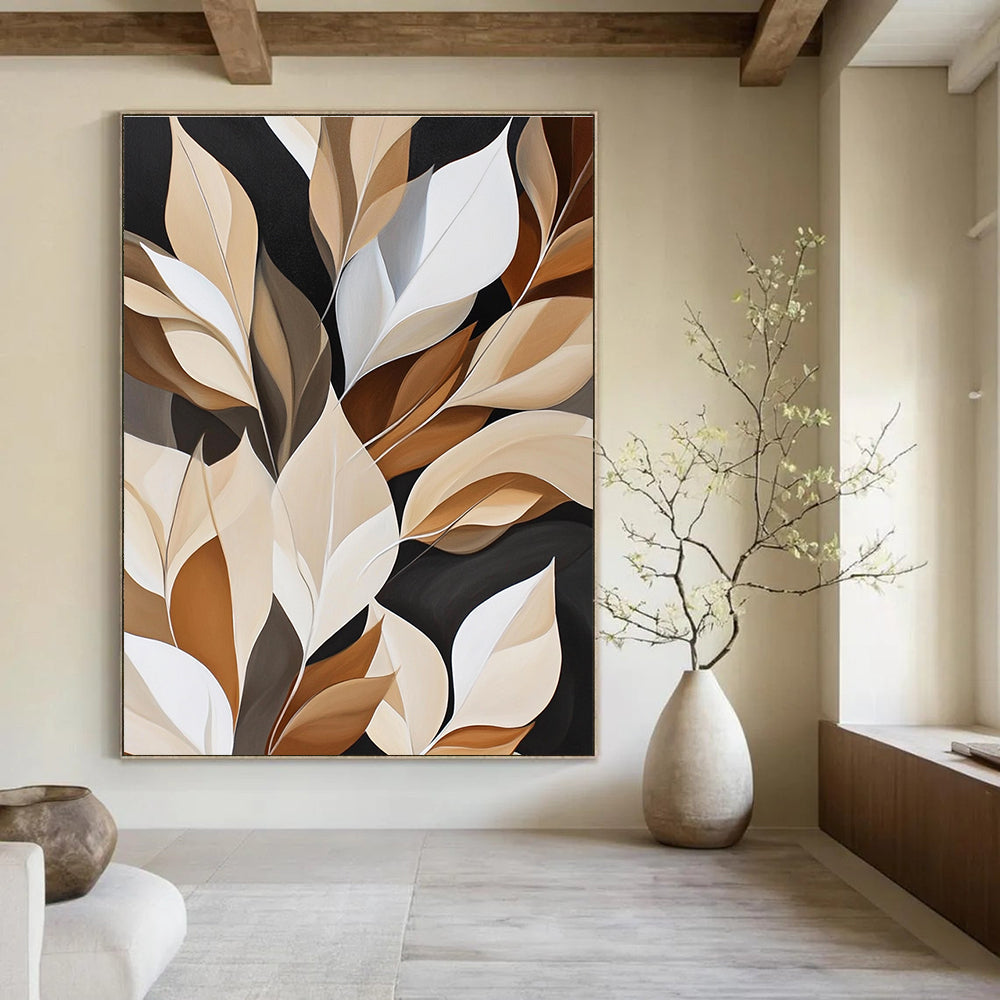 Abstract painting featuring white leaves on a rich brown and black background with geometric shapes for luxurious wall hanging.STSC367