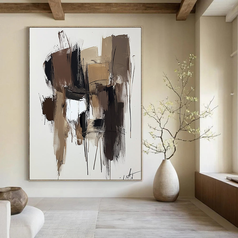 Large abstract painting in brown and beige with thick brush strokes on a dark gray background showcasing modern art style and neutral tones.STSC746