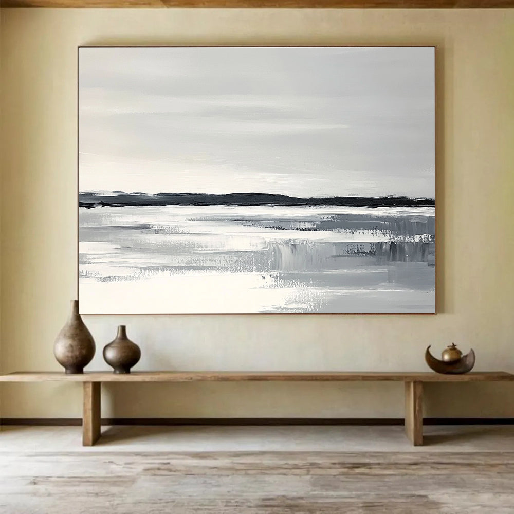 Abstract painting of an Arctic landscape with a white sky gray water and black land featuring thick brush strokes and a monochromatic color scheme.SC154