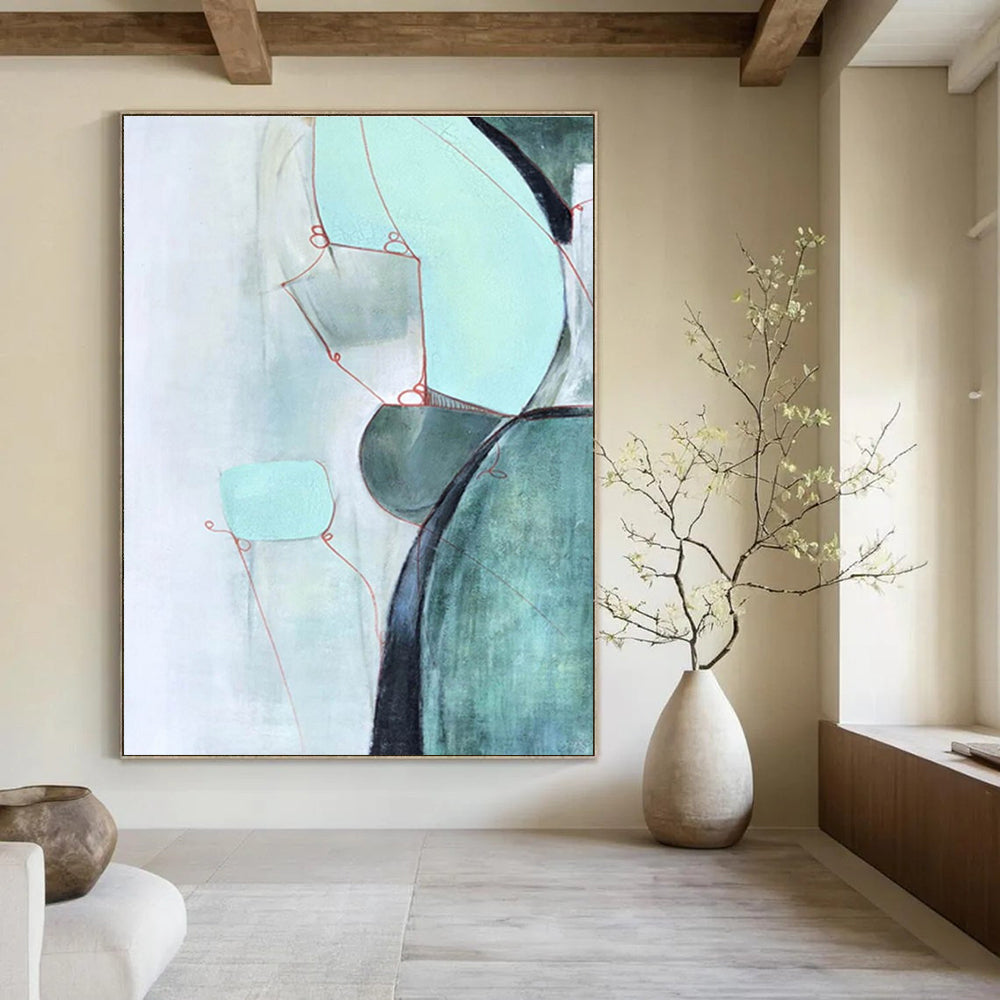 Mint Green and Red Line Abstract Painting ADGE250