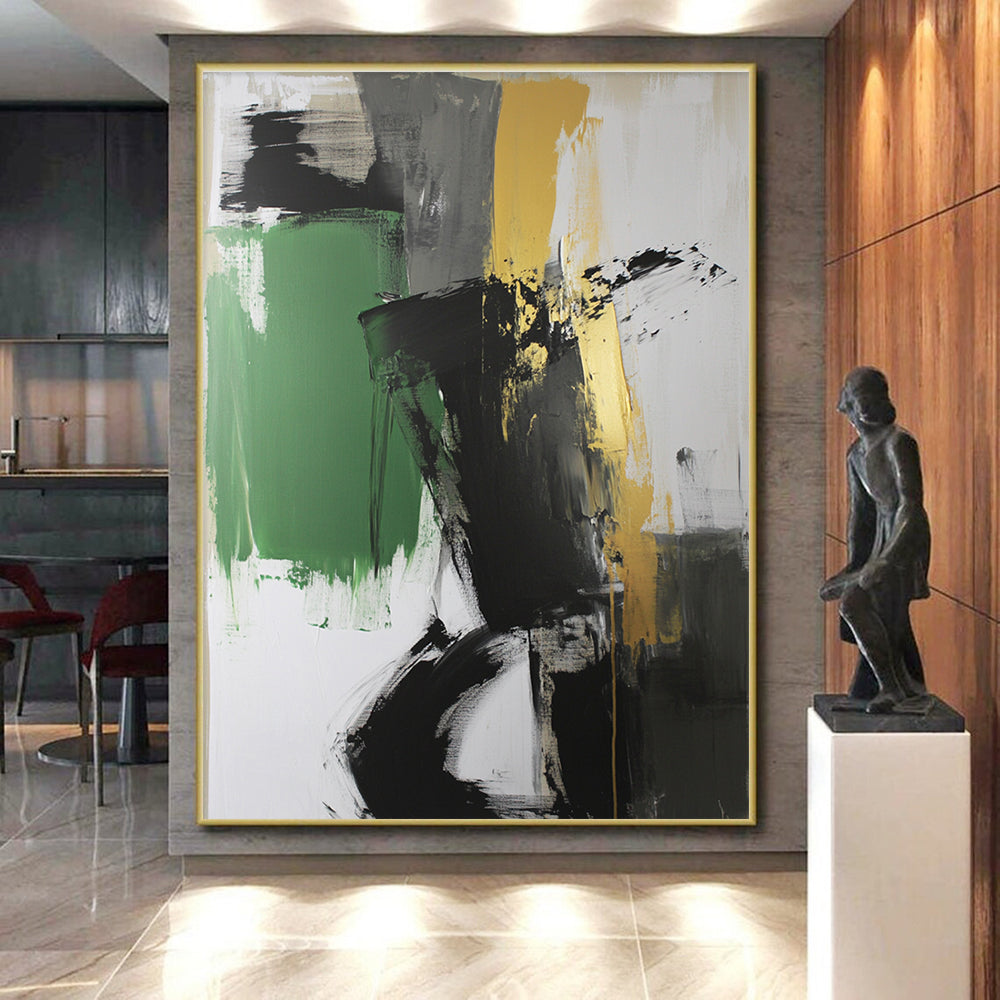 Black Green and Gold Abstract Painting with Bold Contrasts GER527
