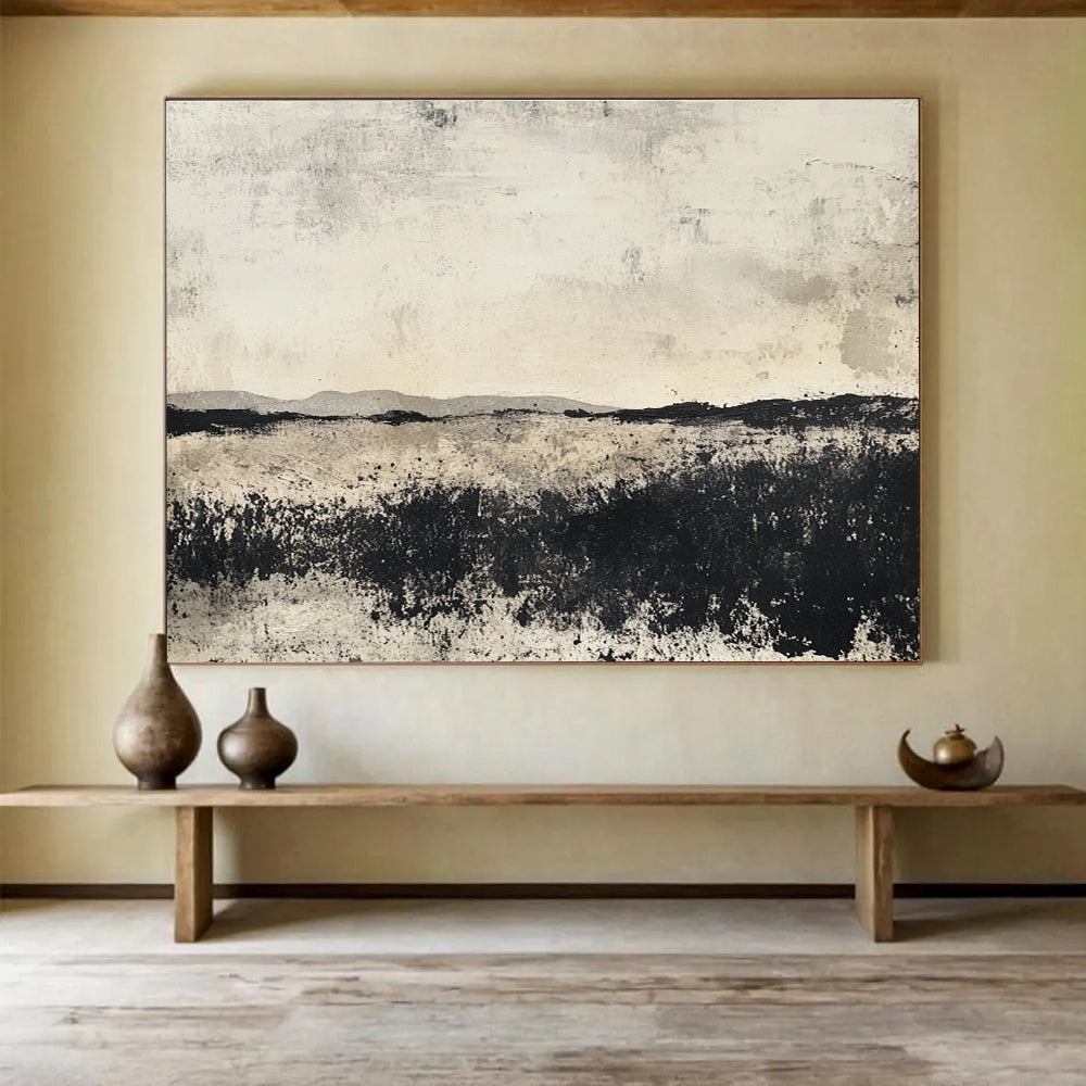 Black and White Landscape Abstract Painting with Textured Surfaces DYP176