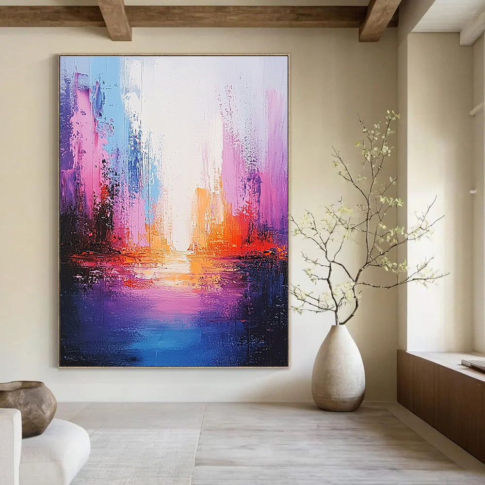 Large abstract painting of an ocean in light purple and pink with a tall illuminated building creating a soothing ethereal atmosphere.STSC264