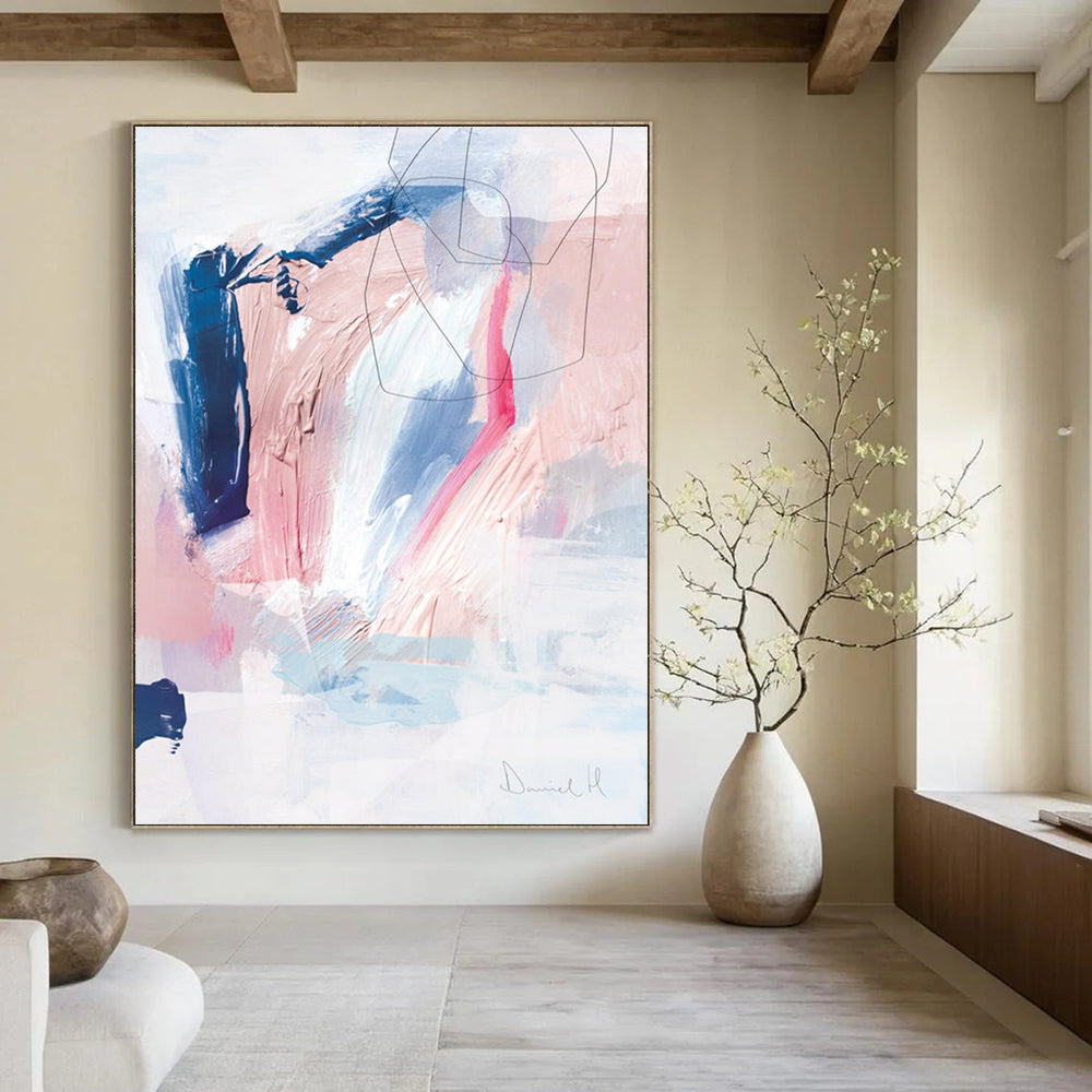 Pastel Abstract with Pink, Blue, and Black Lines Painting ADGE155