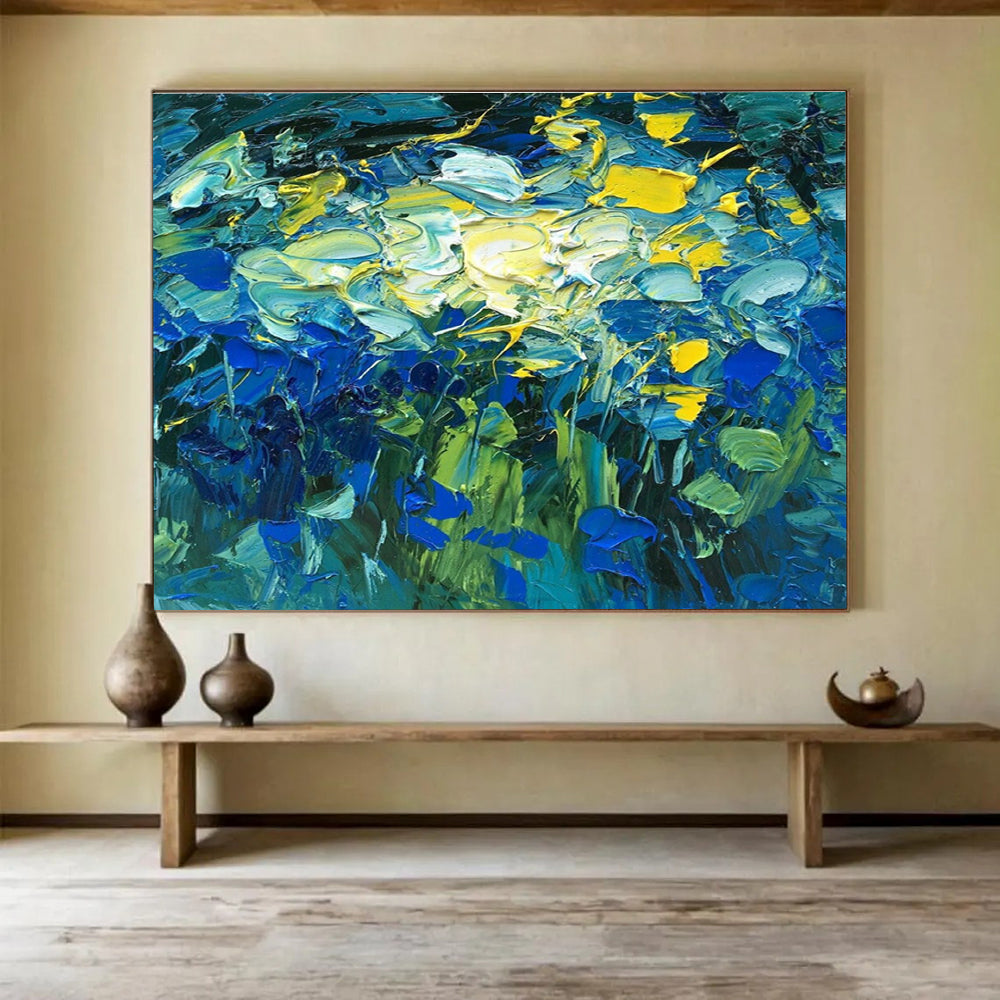 Blue Yellow Green Abstract Floral Painting THY483