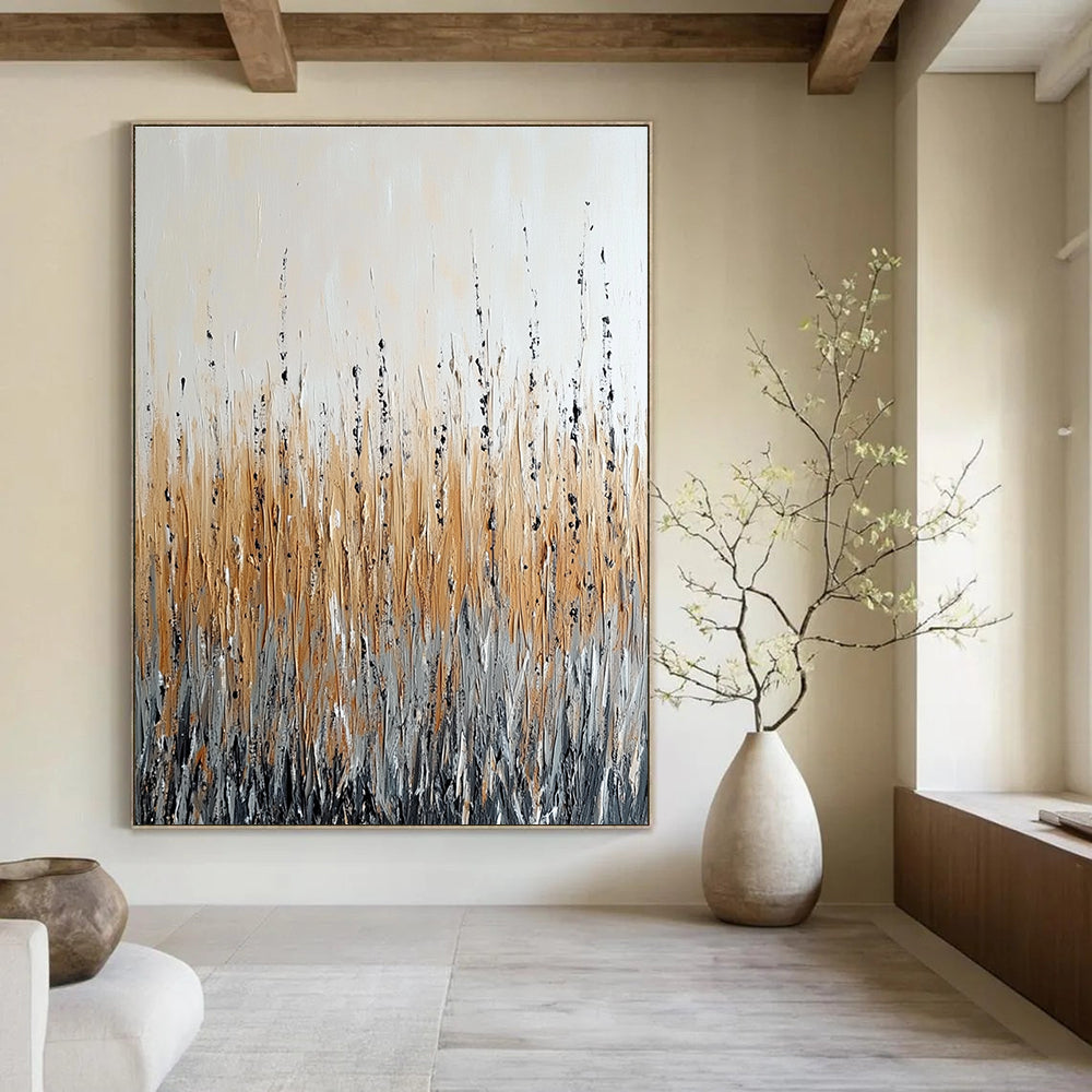 Large abstract painting depicting a field with tall grass in beige and grey tones featuring black accents and a rain effect on a white background.STSC284